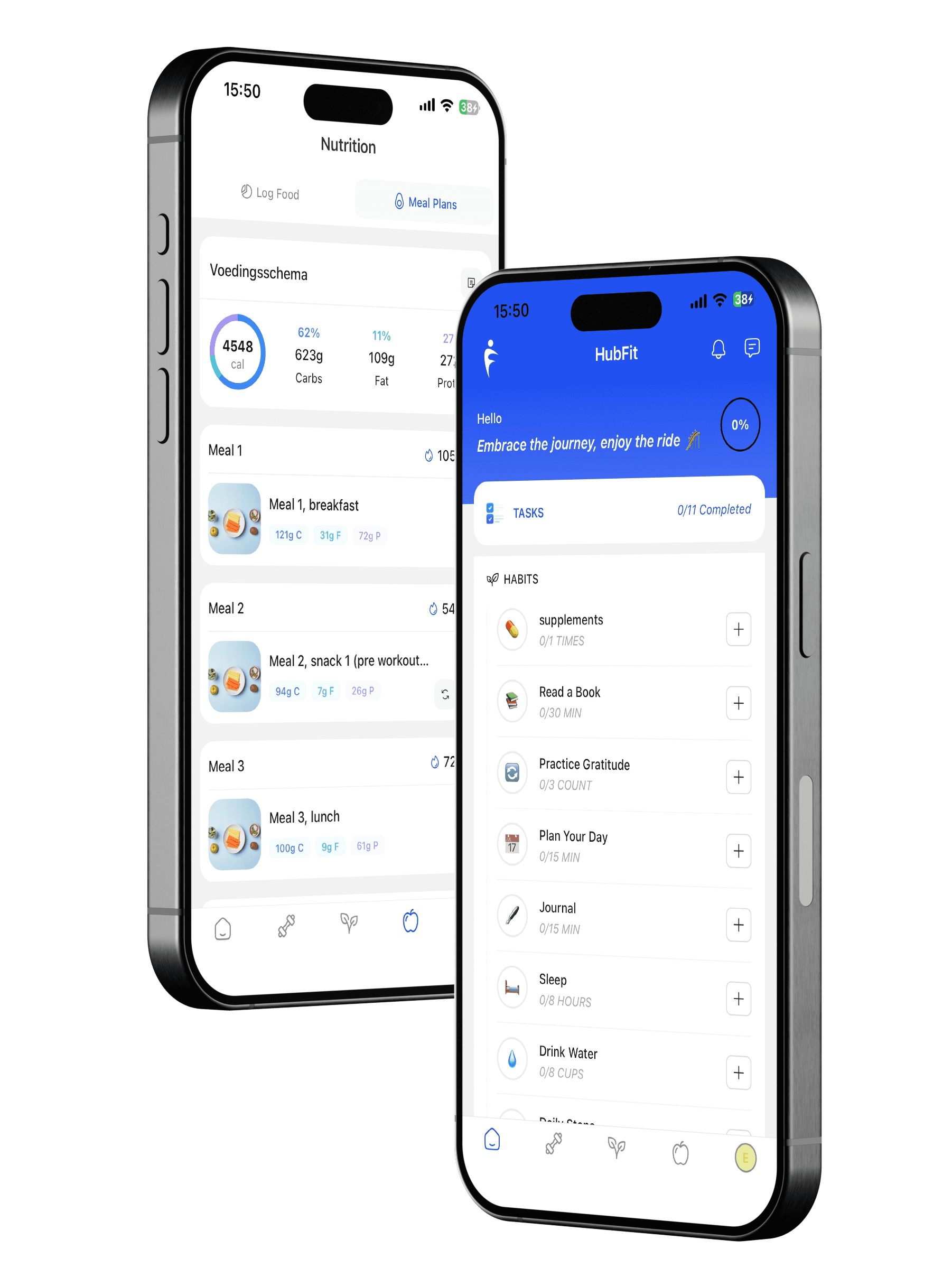 Coaching app screens: a nutrition plan with meals and macros, and a daily habit checklist